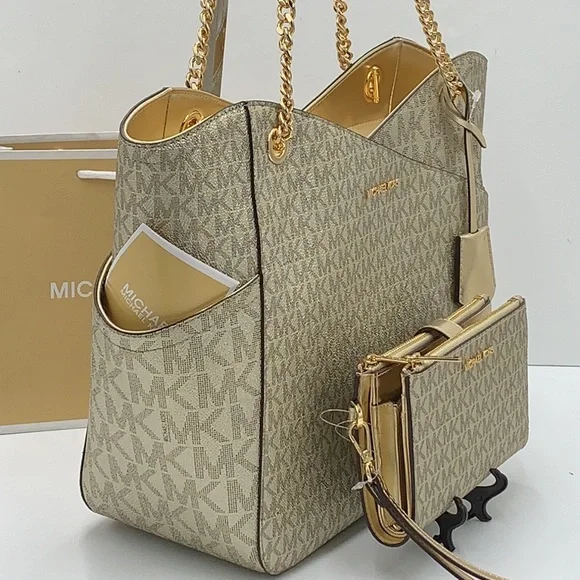 Michael Kors Large X Chain Sholder Tote & Large Double Zip Wallet Pale Gold - Picture 5 of 16